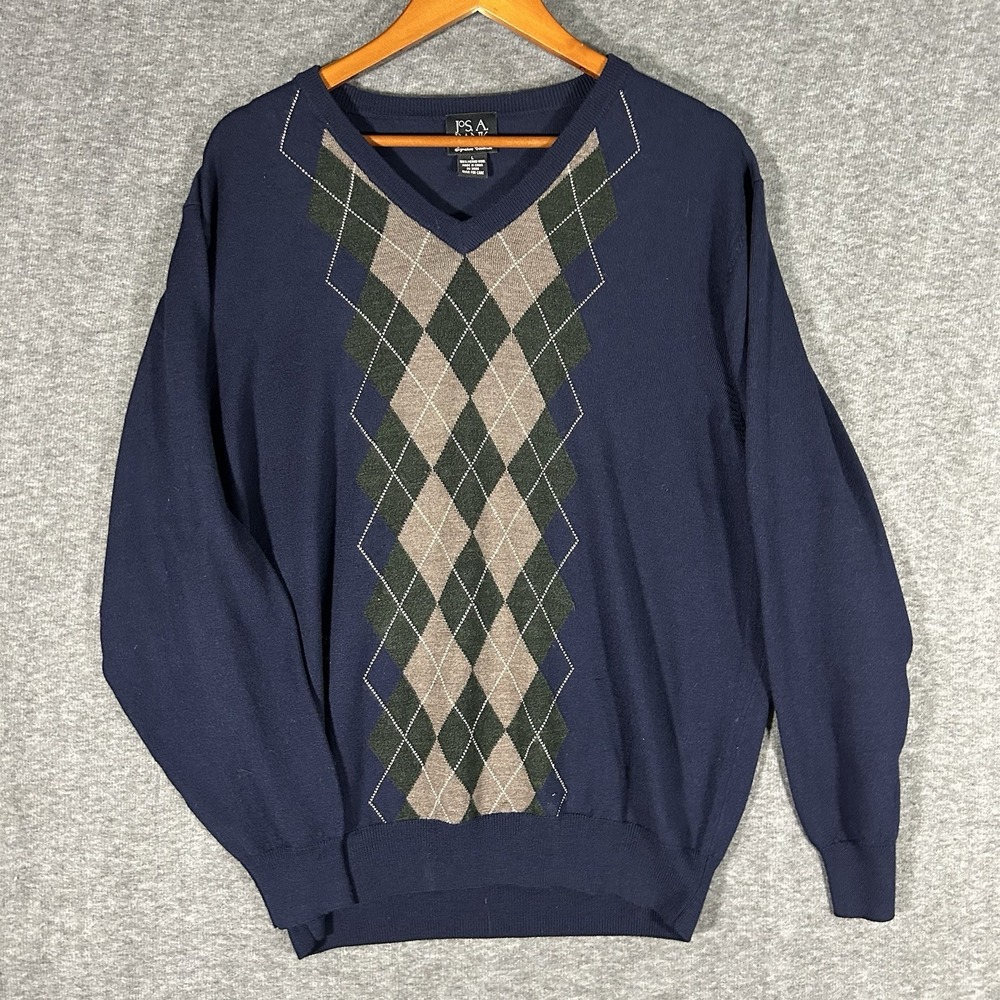 Jos. A. Bank Blue Green Brown Argyle 100% Merino Wool V-Neck Sweater‎ Size L